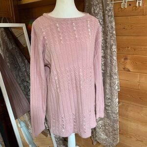 Pink Pearls and Ribbon Cable Knit Super Soft Sweater‎ Feminine Grandma Coastal